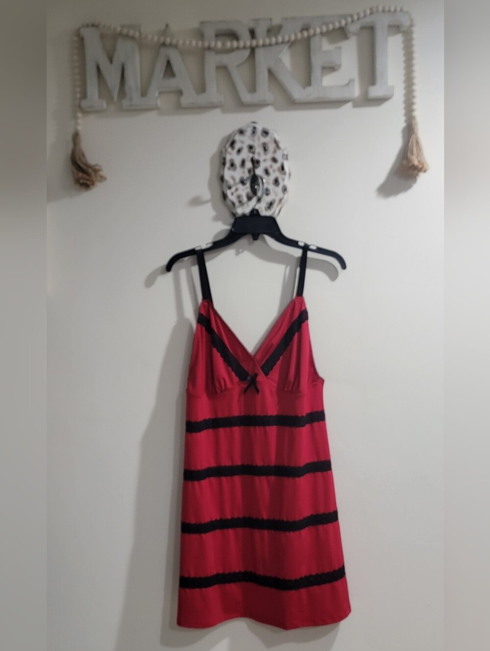 Avenue Red Chemise with Black Lace Stripes